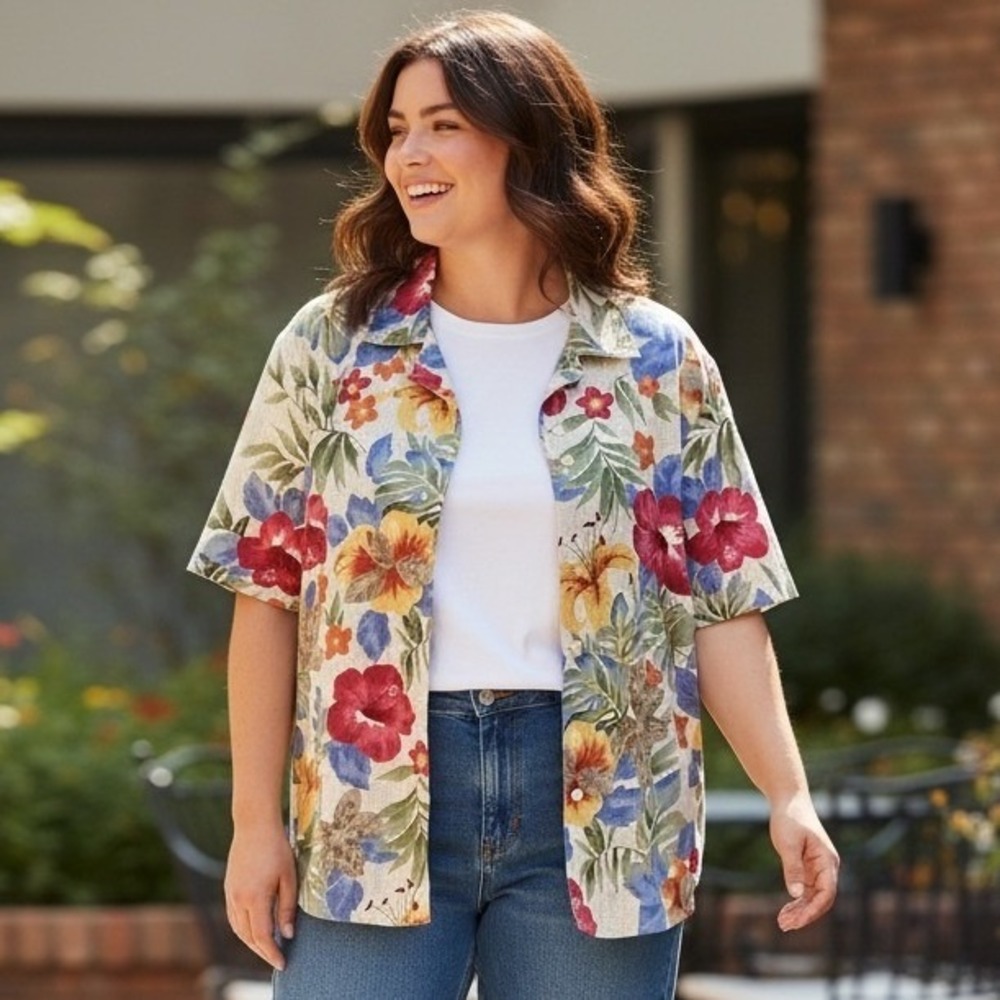 Alfred Dunner Woman Floral Linen‎ Blend Short Sleeve Button Down Shirt 16W
